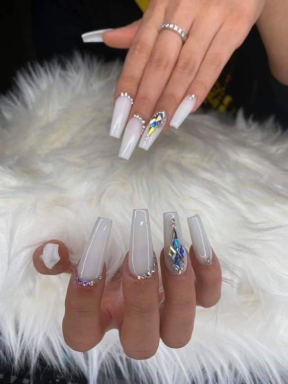 Long White Nail Designs with Diamonds